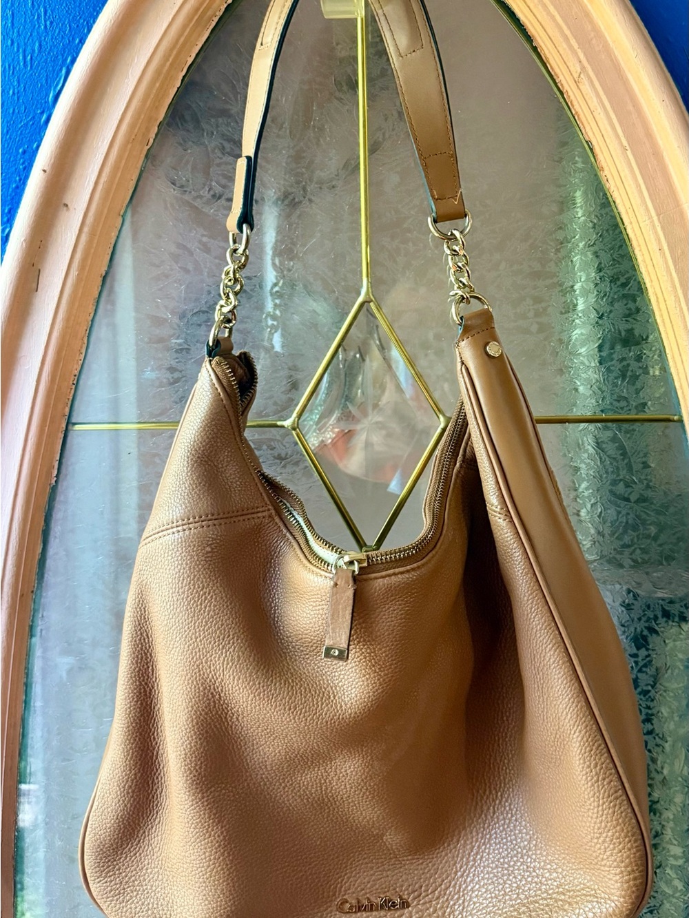 Calvin Klein Tan Pebble Leather Chain-Accent Shoulder Bag